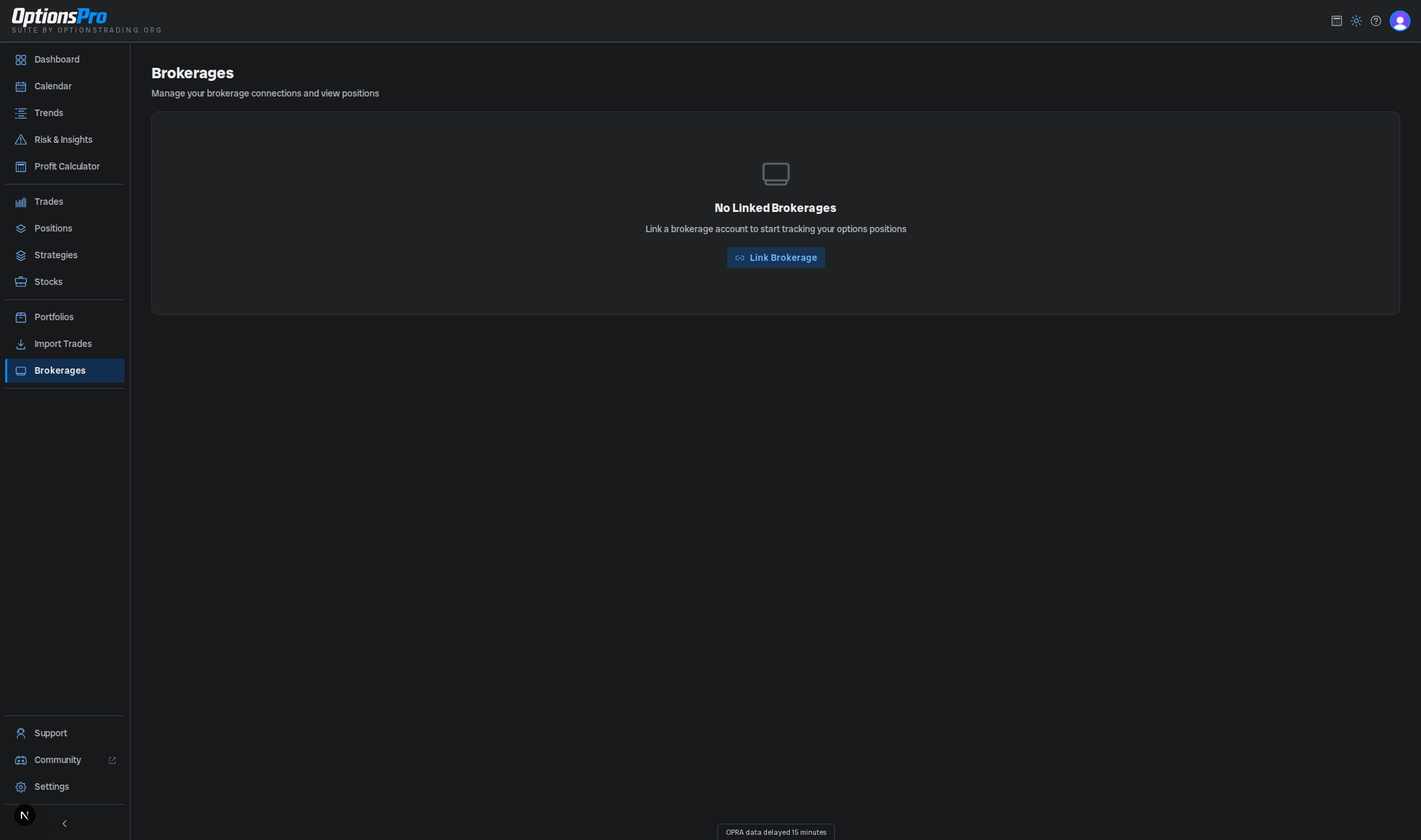 Brokerages page listing connected brokers and their accounts