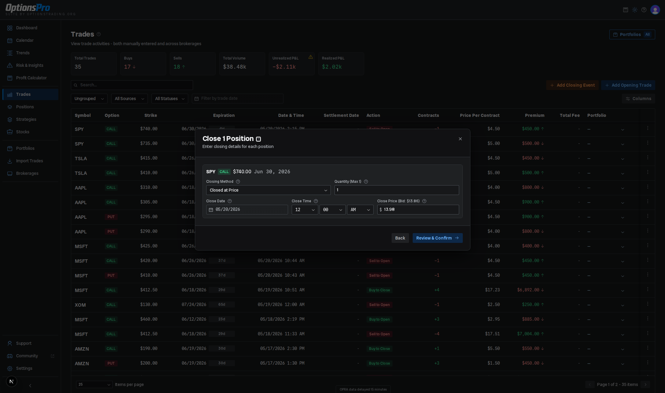 Close trade modal with quantity and price inputs