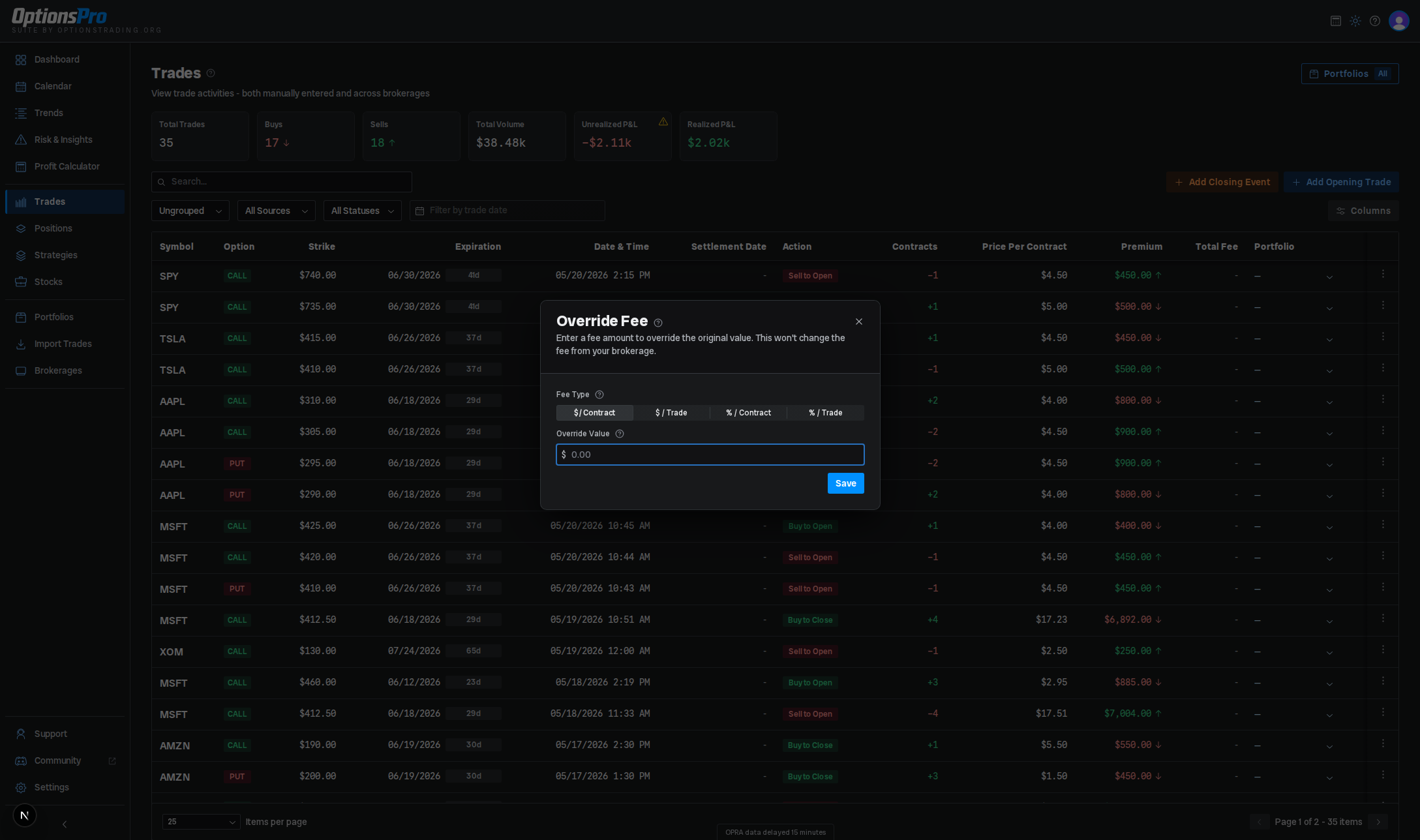Fee override modal with mode selector and amount input