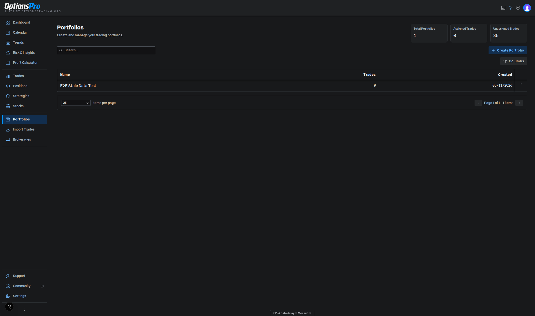 Portfolios page listing user-created portfolios with trade counts