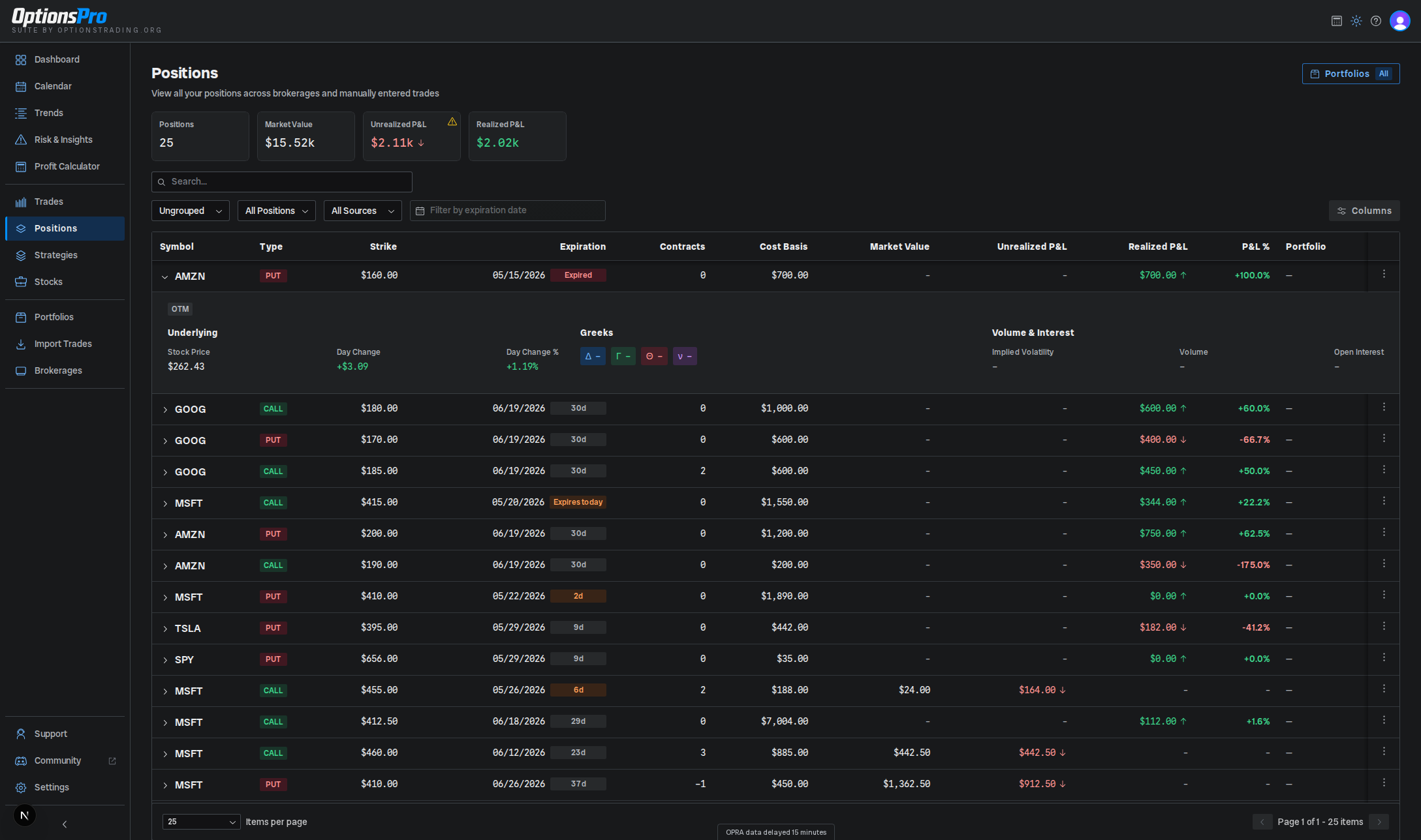 Position details modal with Greeks and market metrics