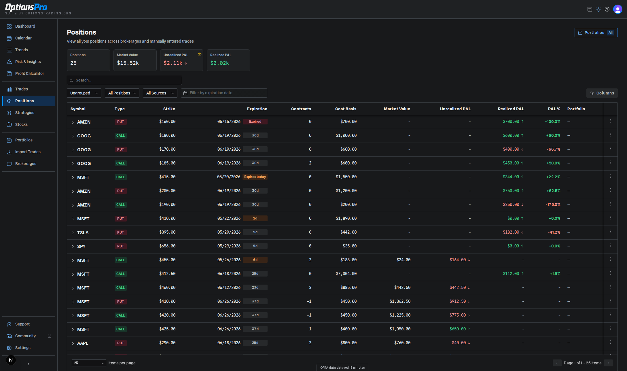 Positions table with P&L and a position details modal