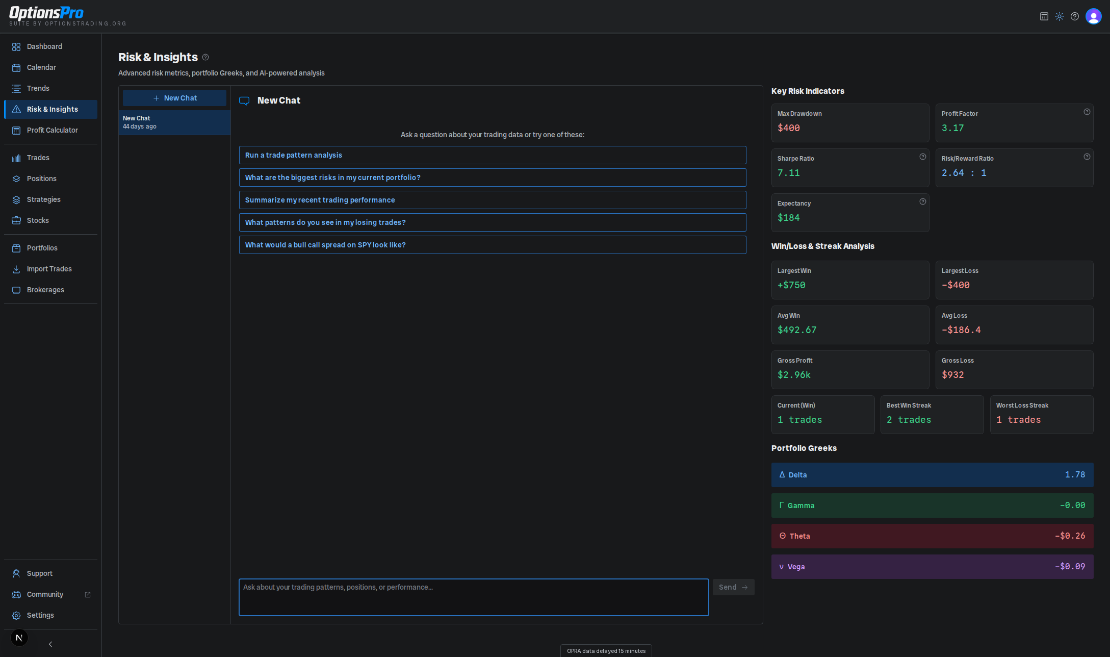 Risk and Insights page with metrics on the right and the chat panel on the left