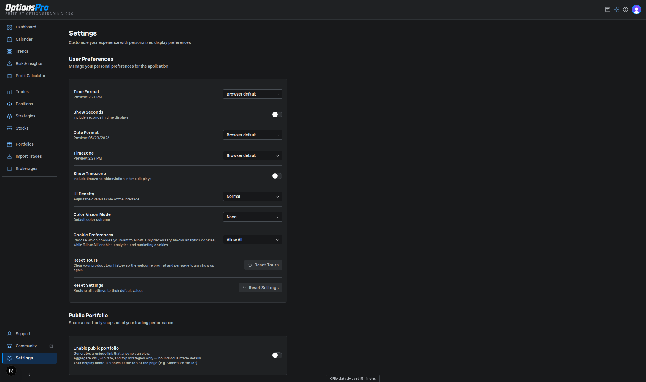 Settings page showing user preferences, public portfolio, billing, and data sources