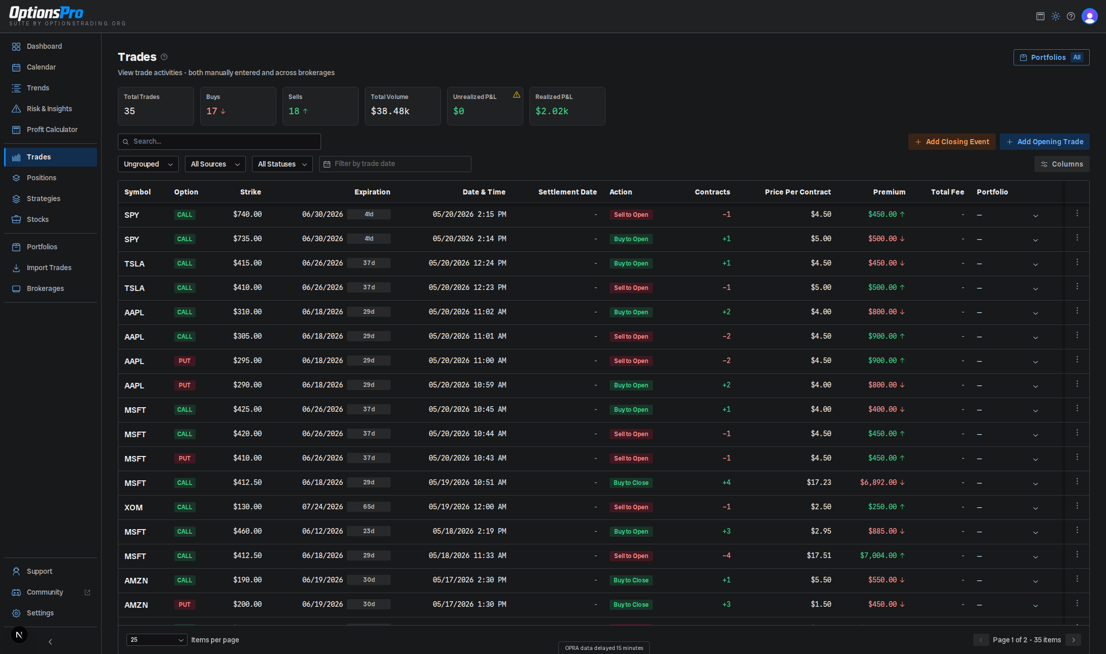 Trades table with search, filters, and the action menu open on a row